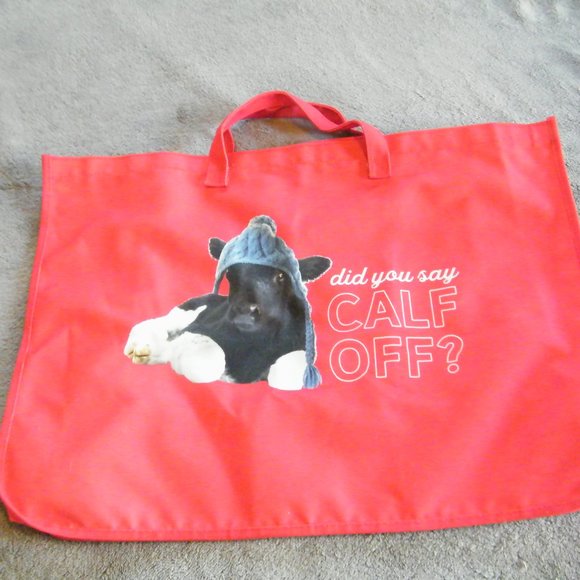 Large Red Canvas Shopping Bag with Calf on Front - Calf Off - Picture 1 of 1